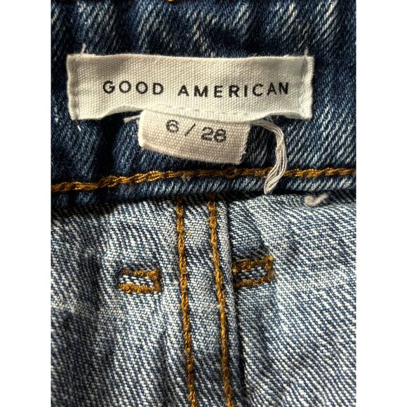 Good American High Rise Distressed Bombshell Jean Shorts Frayed Hem Button Fly 6 - Picture 5 of 8